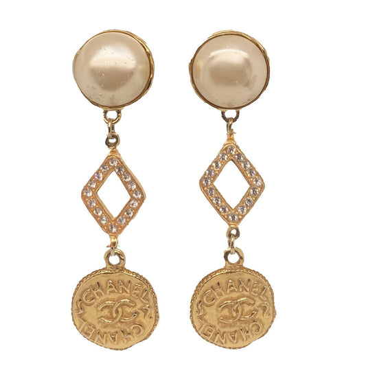 CHANEL - Vintage 1970s Faux Pearl Medallion CC 'CHANEL' Clip-On Earrings