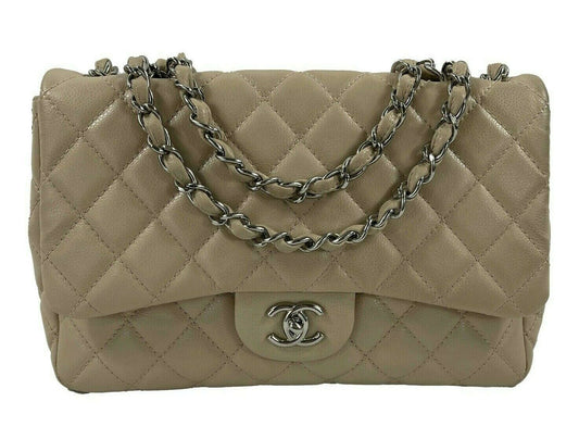 CHANEL - Jumbo Lambskin Quilted Single Flap - Beige / Silver Shoulder Bag