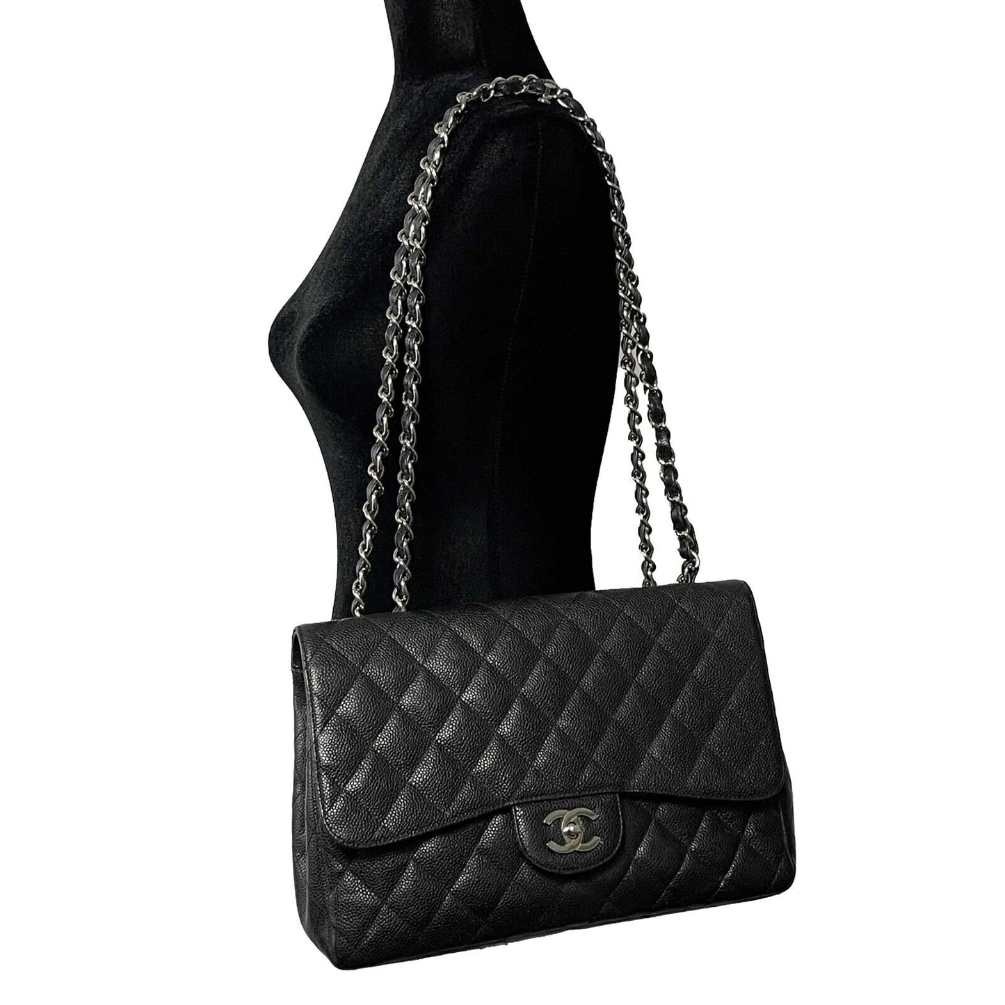 CHANEL - Jumbo Caviar Leather CC Classic Flap - Black / Silver Shoulder Bag