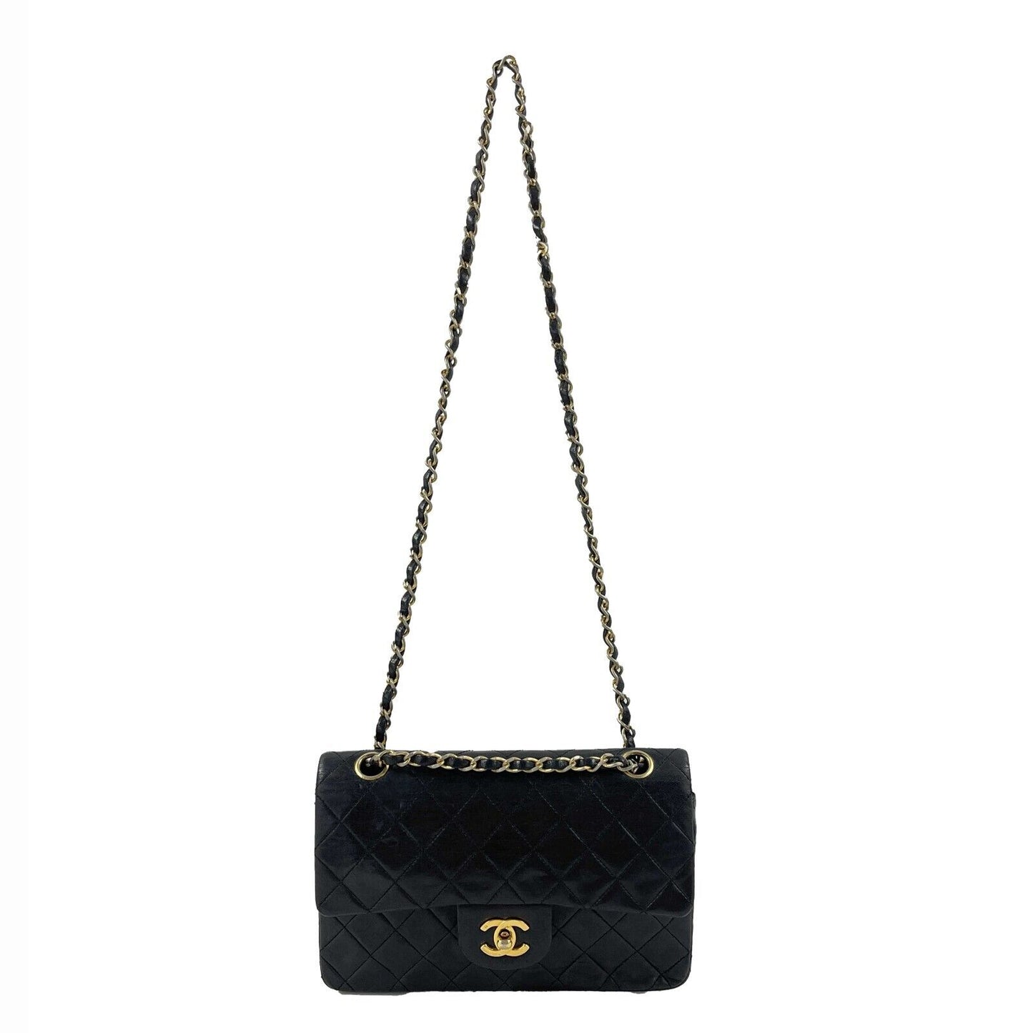 CHANEL - 1980s Small Classic Black Quilted Leather Flap Shoulder Bag / Crossbody