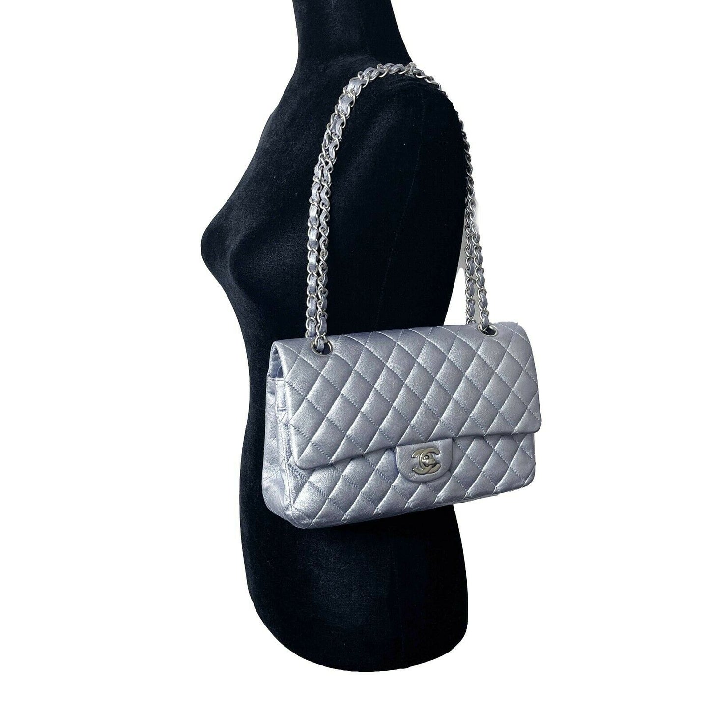 CHANEL - Classic Double Flap Metallic Silver CC Medium Leather Shoulder Bag