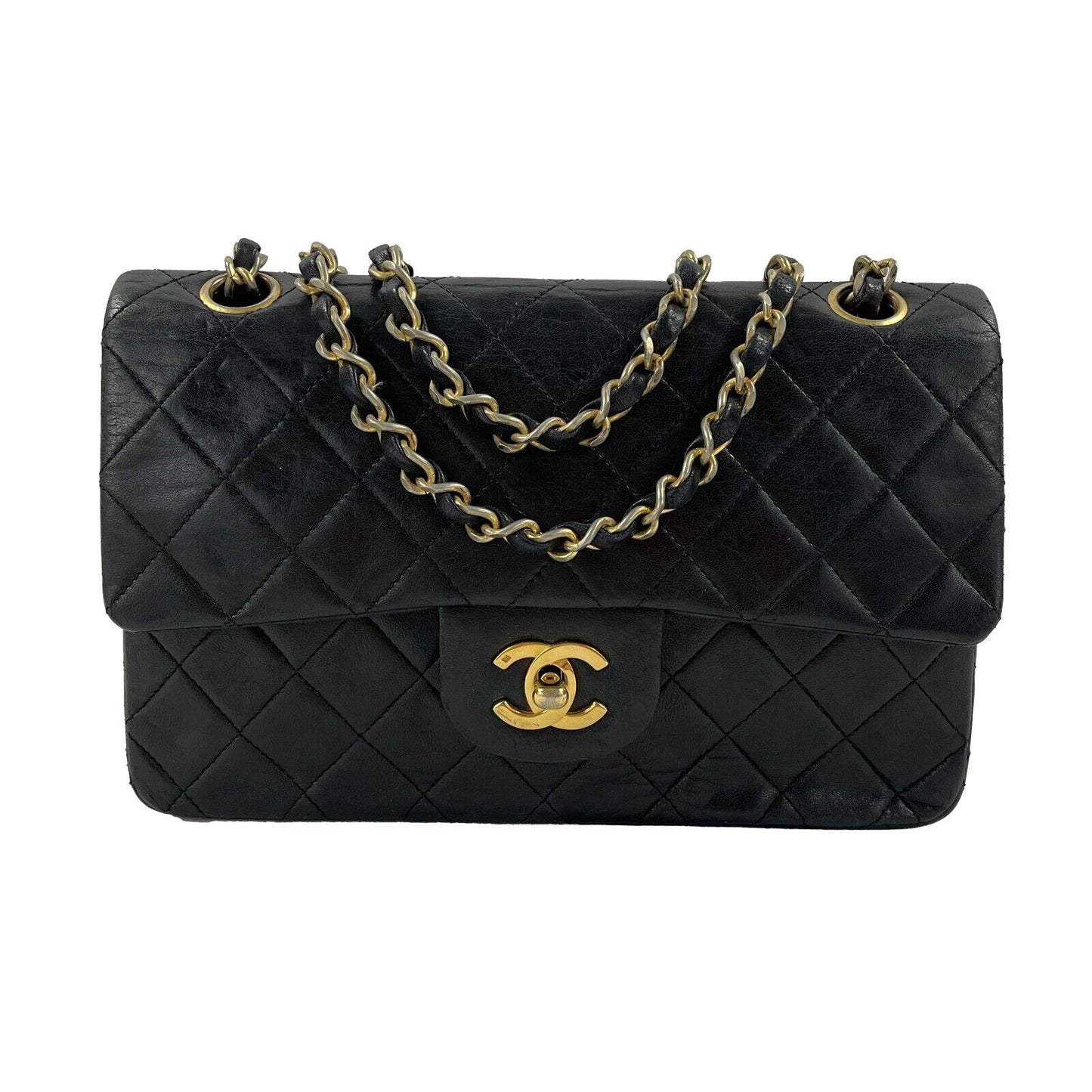 CHANEL - 1980s Small Classic Black Quilted Leather Flap Shoulder Bag / Crossbody