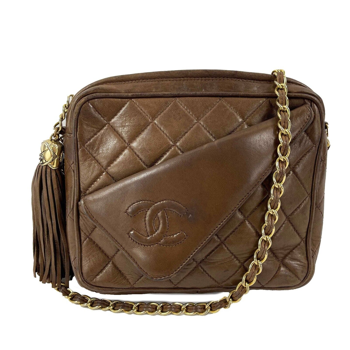 CHANEL - Vintage Half Flap CC Logo Tassel Brown / Gold Crossbody / Shoulder Bag