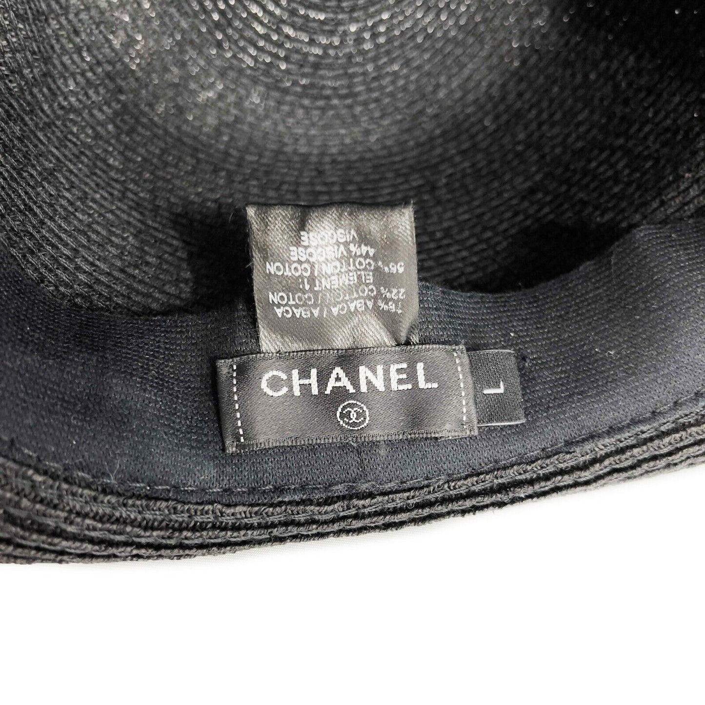 CHANEL - Straw Woven Panama Fedora - Black Hat - Grosgrain Ribbon - Size L