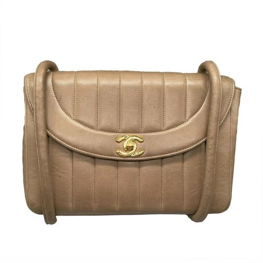 CHANEL - Mademoiselle Beige Medium Lambskin Vertical Flap Shoulder / Crossbody