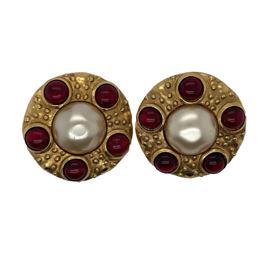 CHANEL - Vintage Collection 23 - Red Gripoix Red White Pearl Clip On Earrings