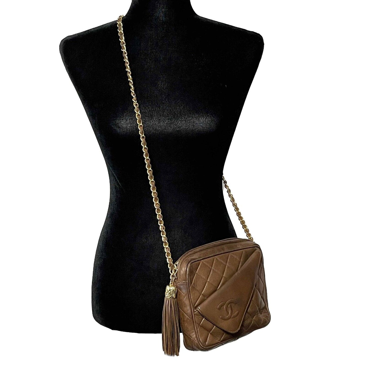 CHANEL - Vintage Half Flap CC Logo Tassel Brown / Gold Crossbody / Shoulder Bag