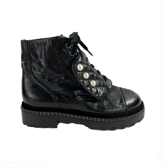 CHANEL Black Leather Combat Boots with Trim and Faux Pearl CC Details - SZ 36- 6