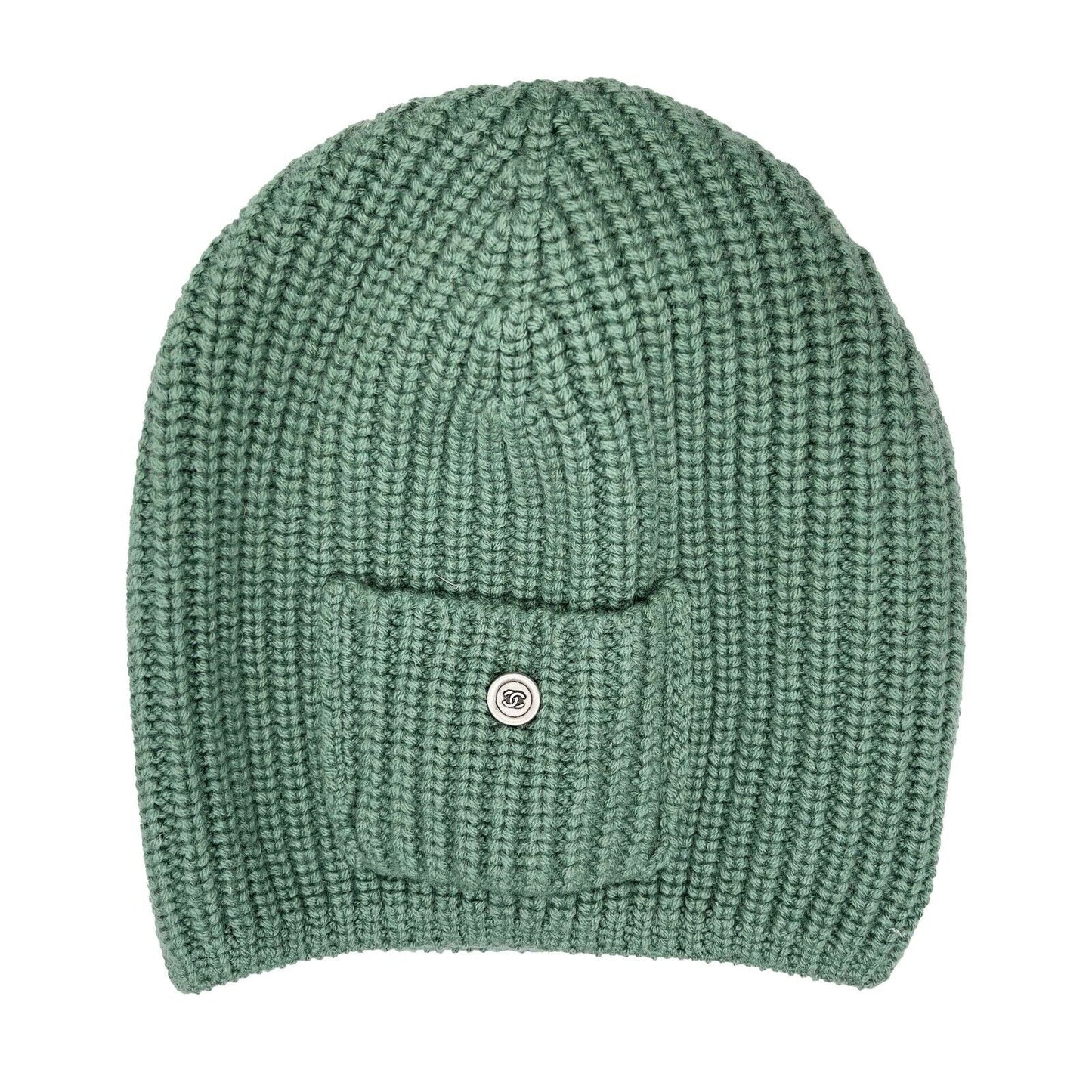 CHANEL - Cashmere Knitted Green Beanie - Patch Pocket w/ Silver CC Button - XS