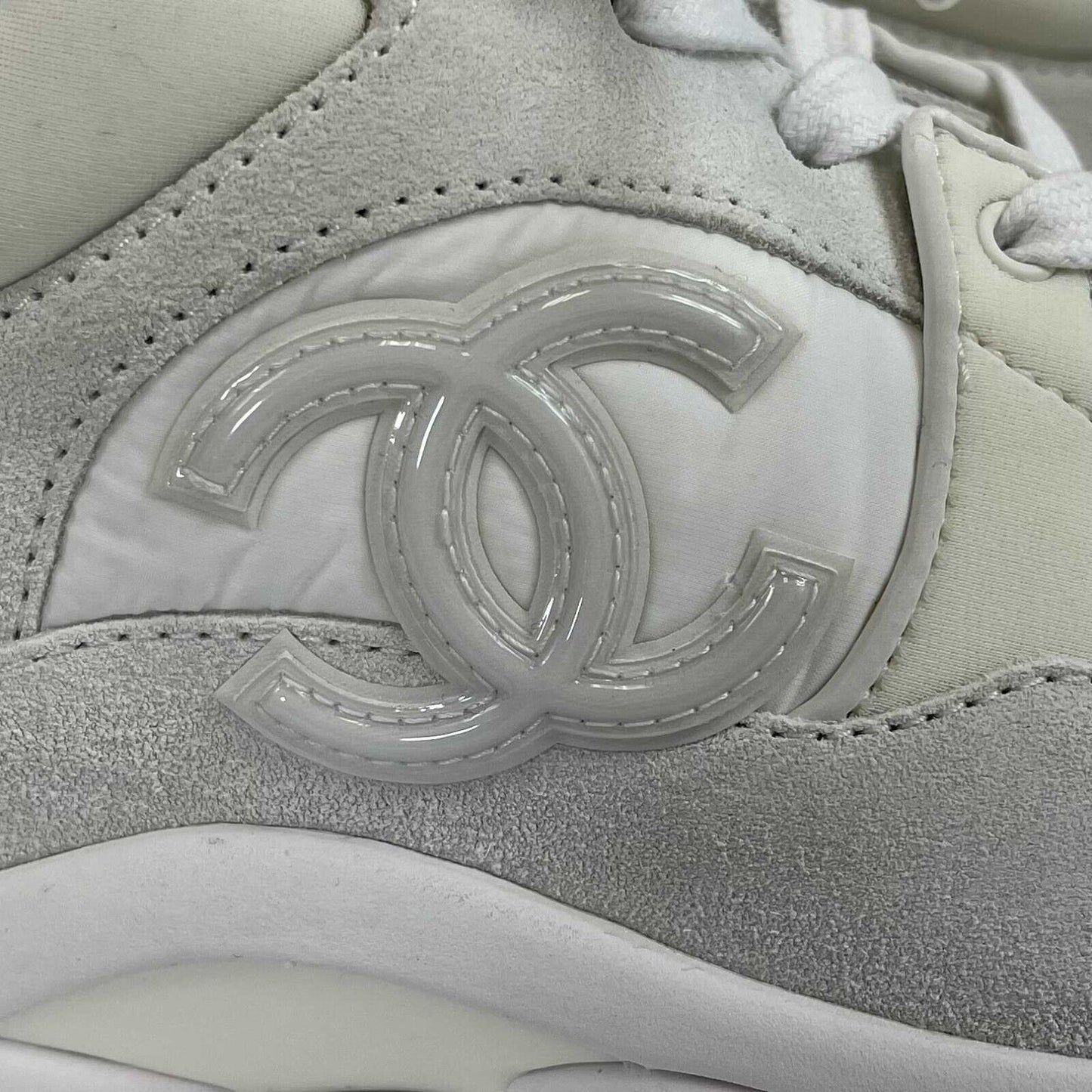 CHANEL - Interlocking CC Logo White Suede Sneakers - Size 38 US 8 New w/ Box