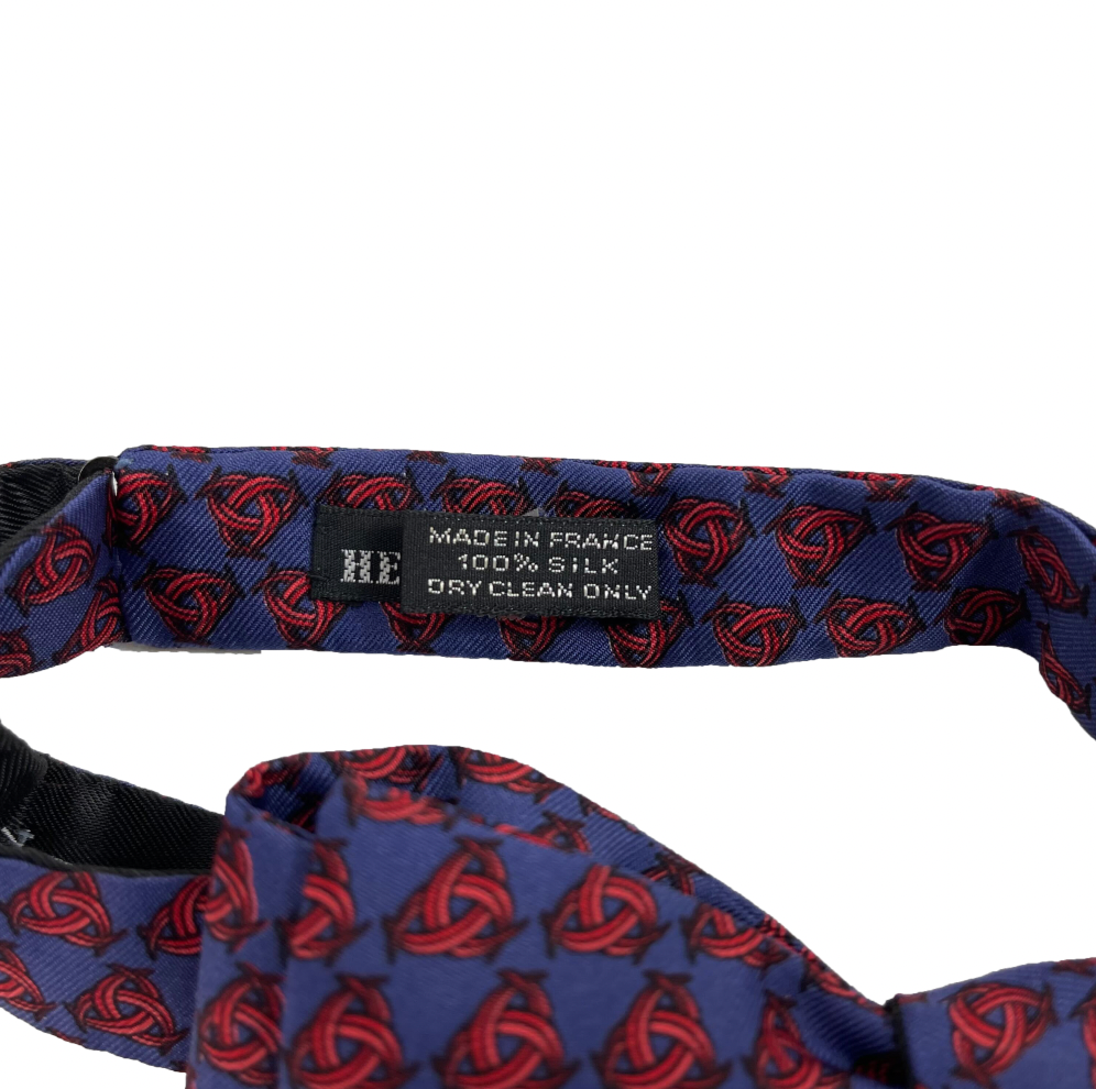 HERMES - Navy Blue Burgundy Knotted Print Bow Tie - Blue, Red - Adjustable Size