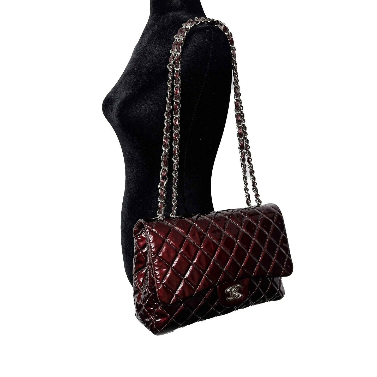 CHANEL Quilted Bordeaux / Silver Patent Leather Jumbo Single Flap Shoulder Bag