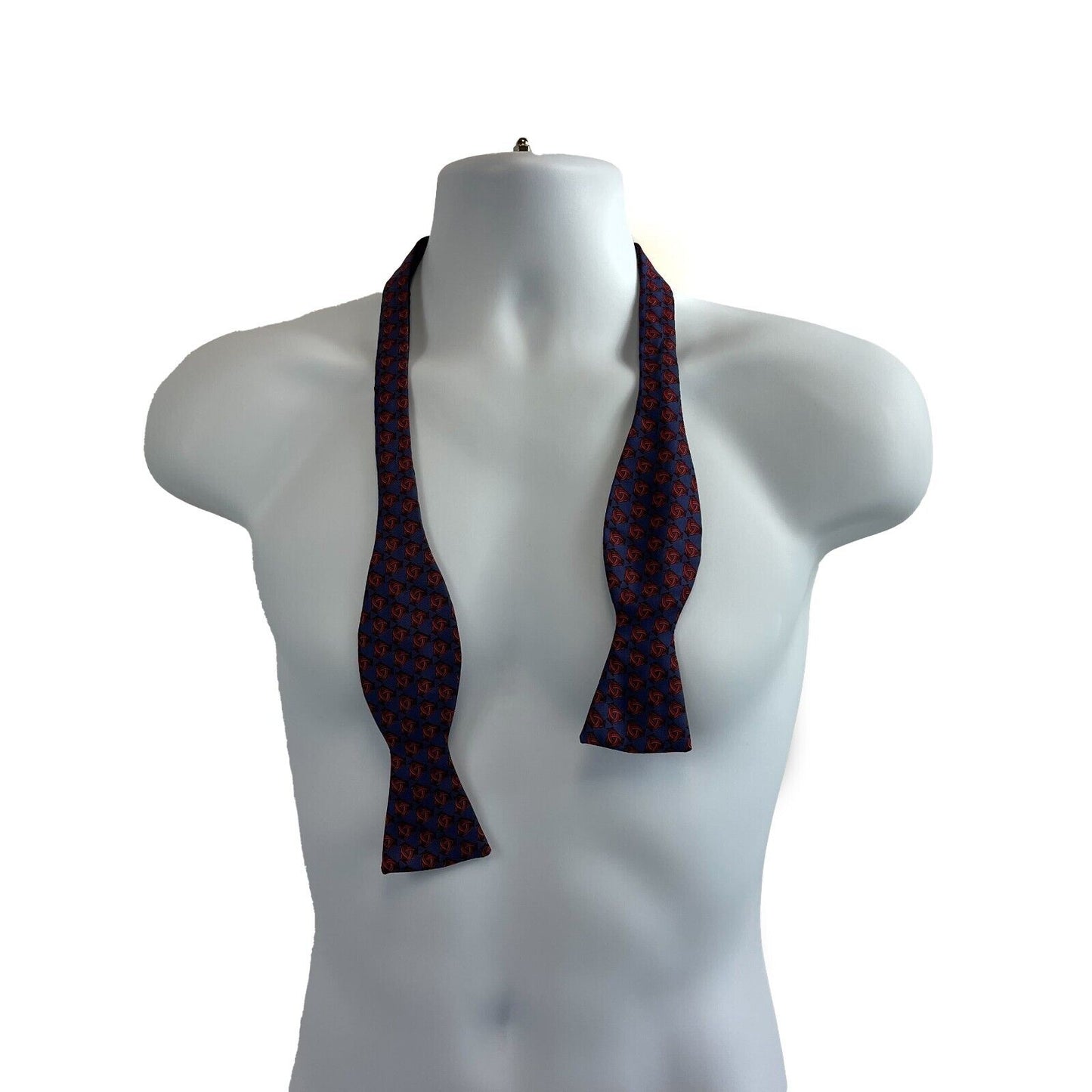 HERMES - Navy Blue Burgundy Knotted Print Bow Tie - Blue, Red - Adjustable Size