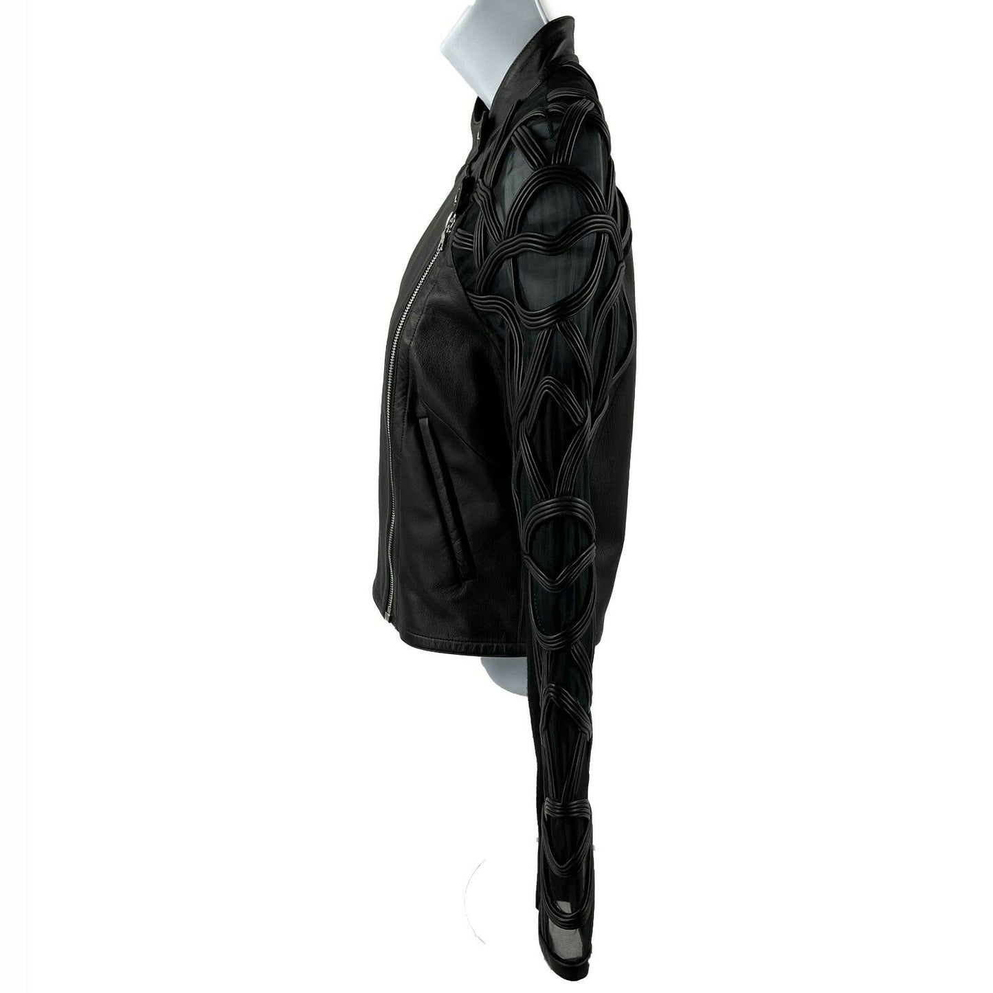 Yigal Azrouël - Sheer Embroidered Black Leather Moto Jacket - 2 / XS