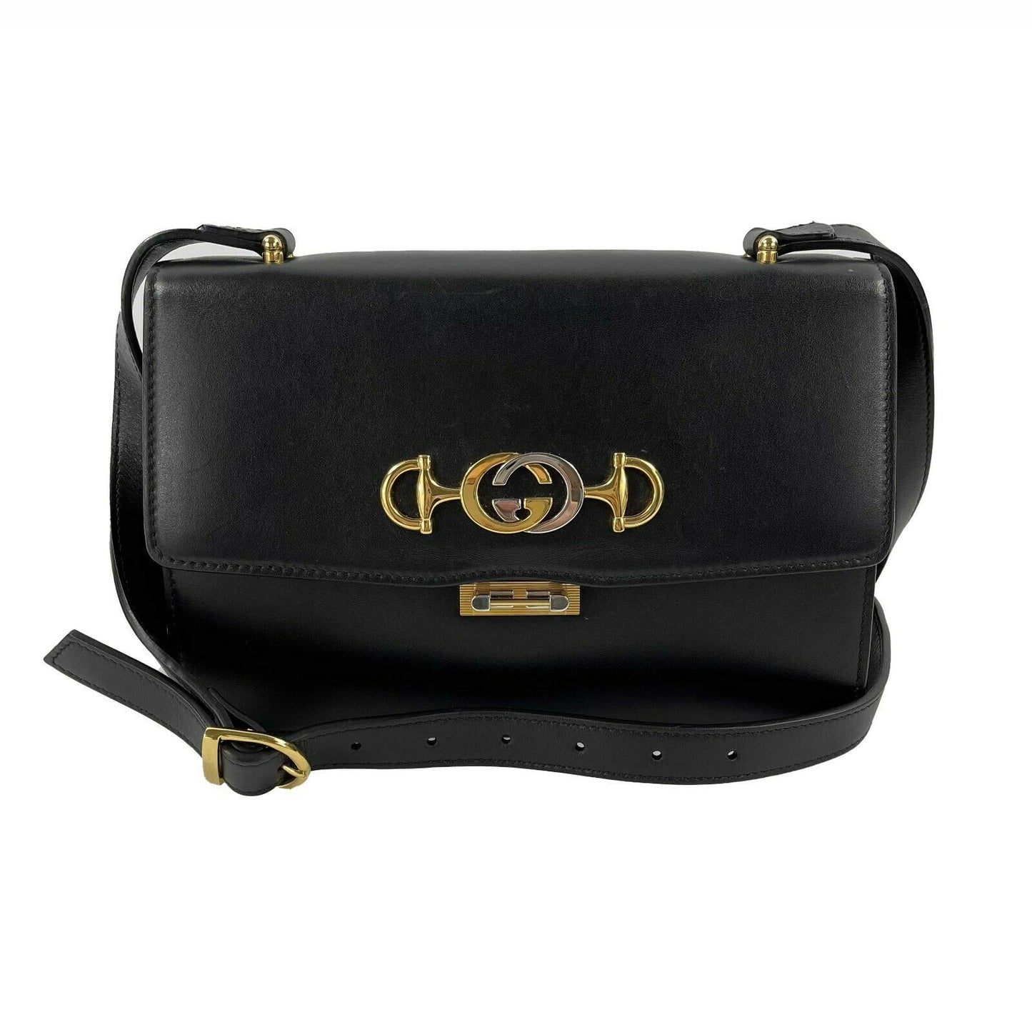 GUCCI - NEW Black / Silver-tone Calfskin Zumi Crossbody - Fold over Flap Bag