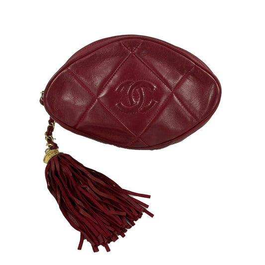 CHANEL - Vintage Quilted Leather CC Oval Red / Gold Tassel Clutch