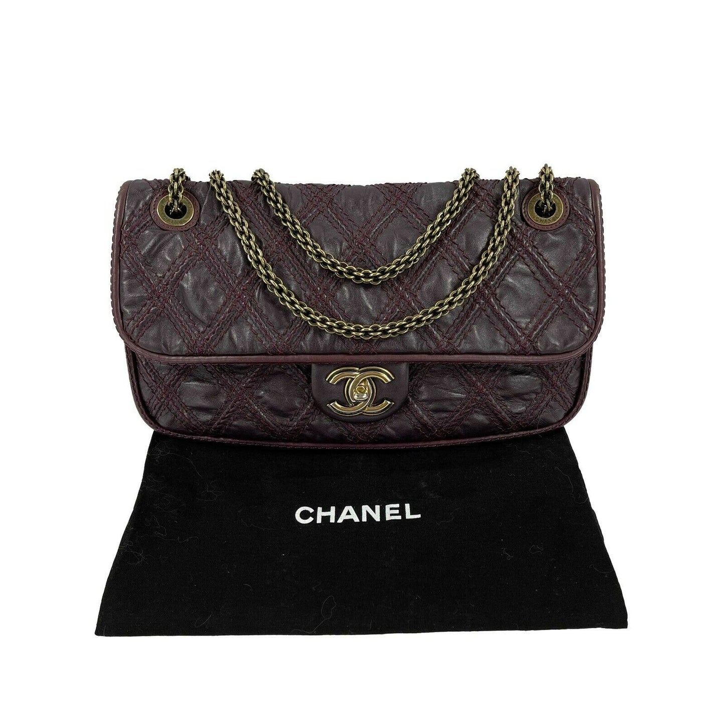 CHANEL - Stitched Leather Burgundy Large Flap CC - Crossbody / Shoulder Bag