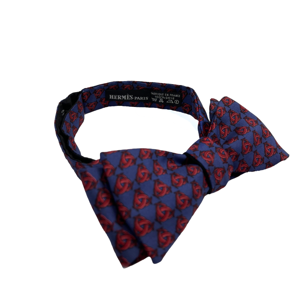 HERMES - Navy Blue Burgundy Knotted Print Bow Tie - Blue, Red - Adjustable Size