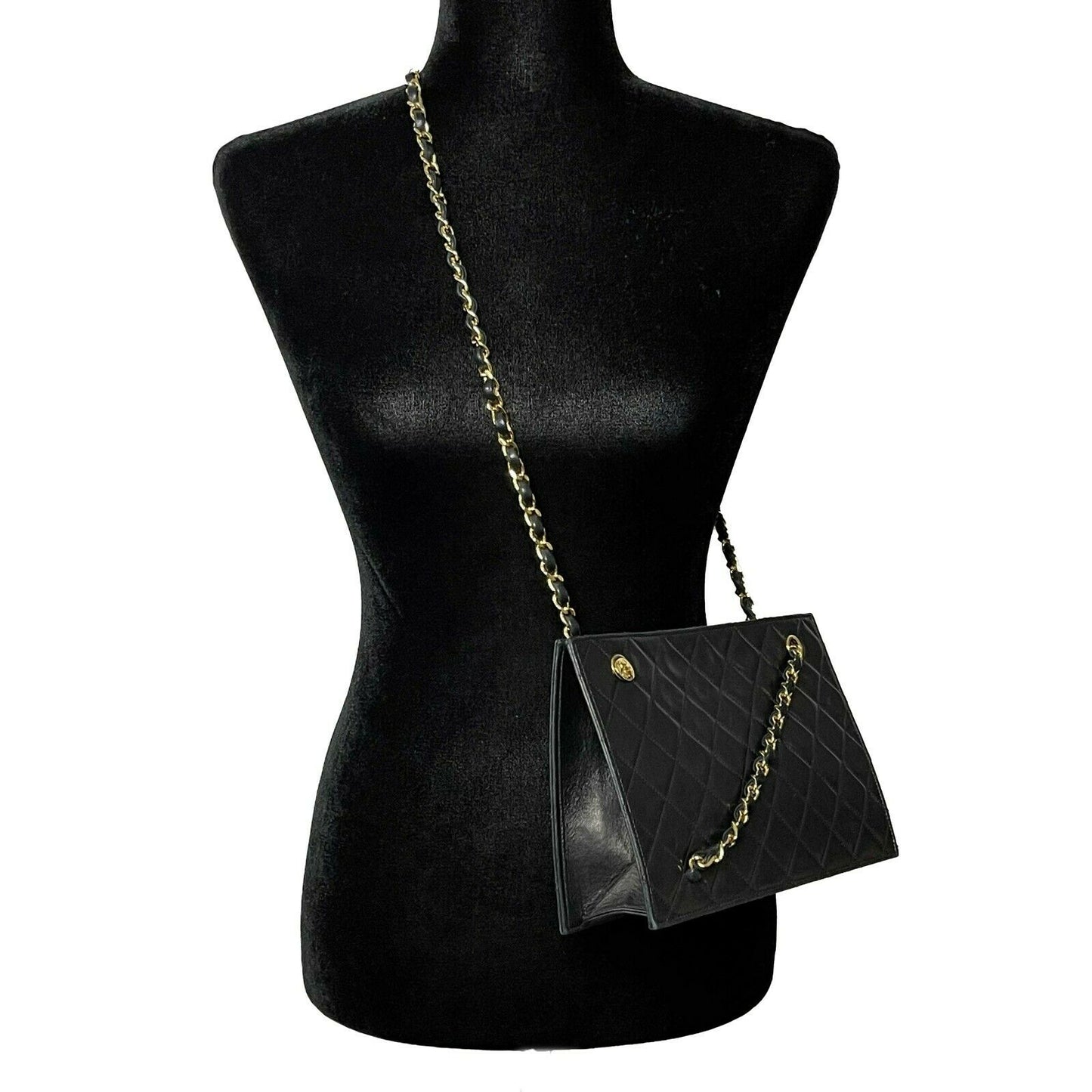 CHANEL - 80s Quilted Black / Gold Chain Threaded Small Lambskin Crossbody