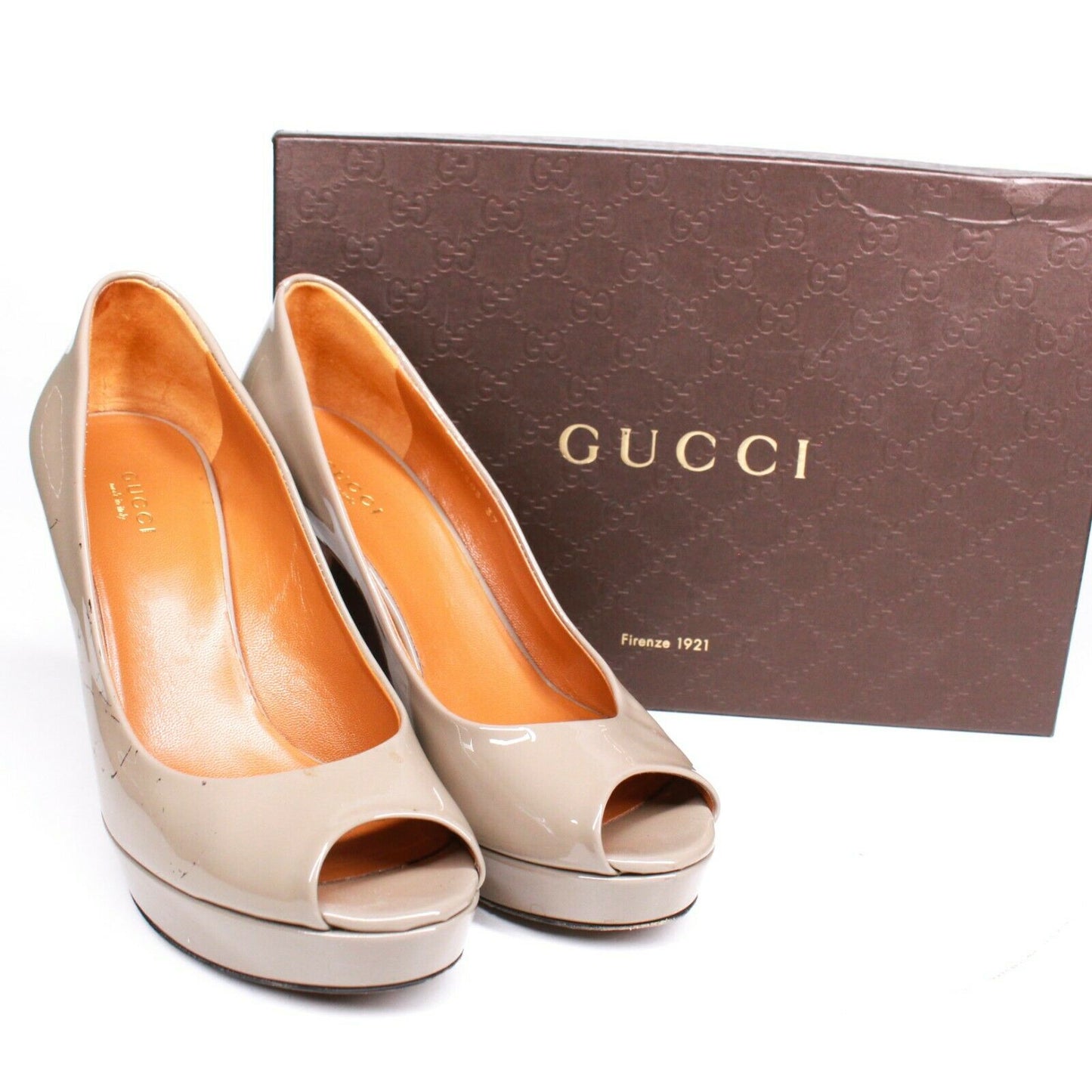 Gucci Fango Stiletto Heels Taupe Patent Leather Peep Toe Pump - 37 US 7