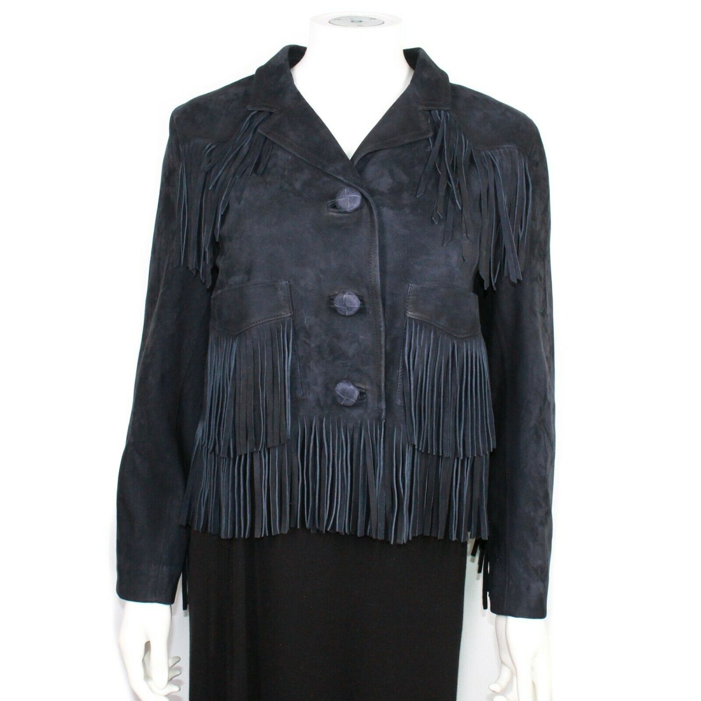 Prada Runway $5500 Suede Fringe Leather Jacket Navy Blue IT 40 US 4