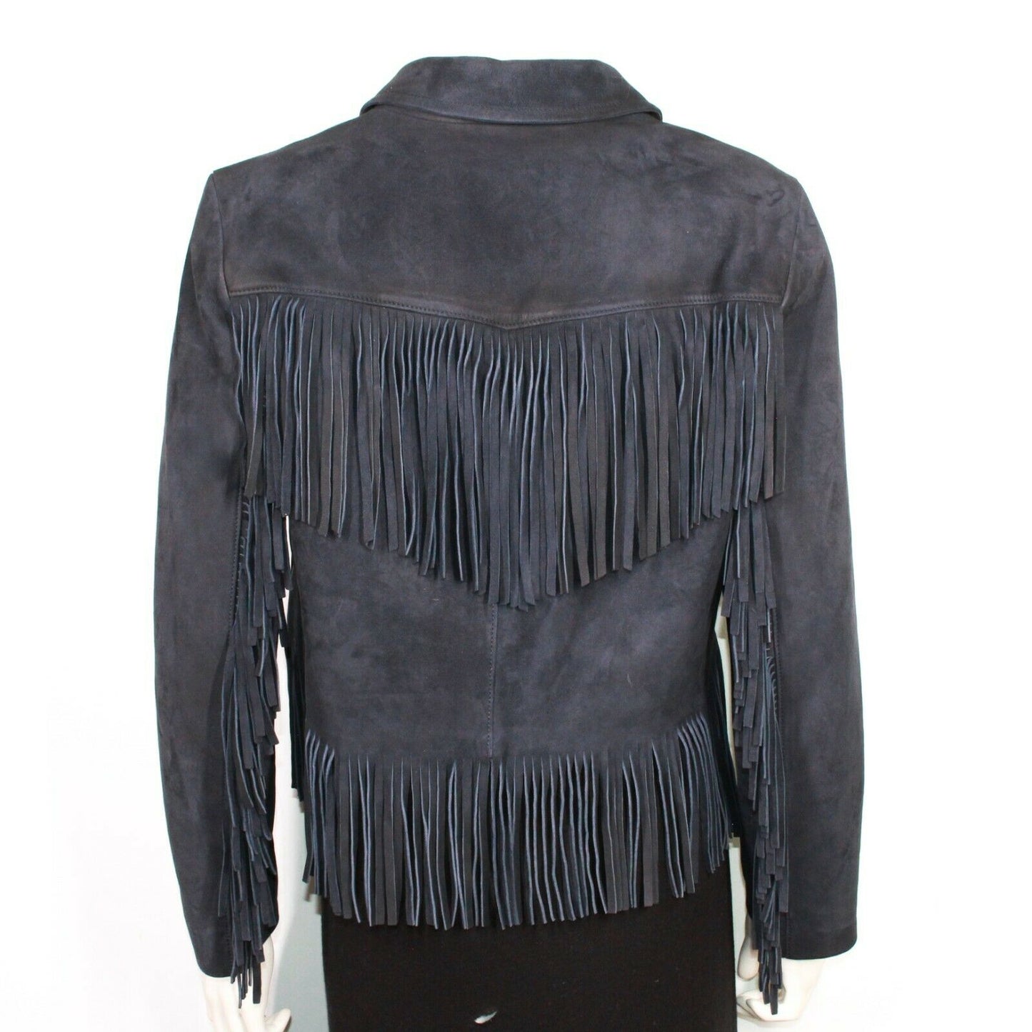 Prada Runway $5500 Suede Fringe Leather Jacket Navy Blue IT 40 US 4