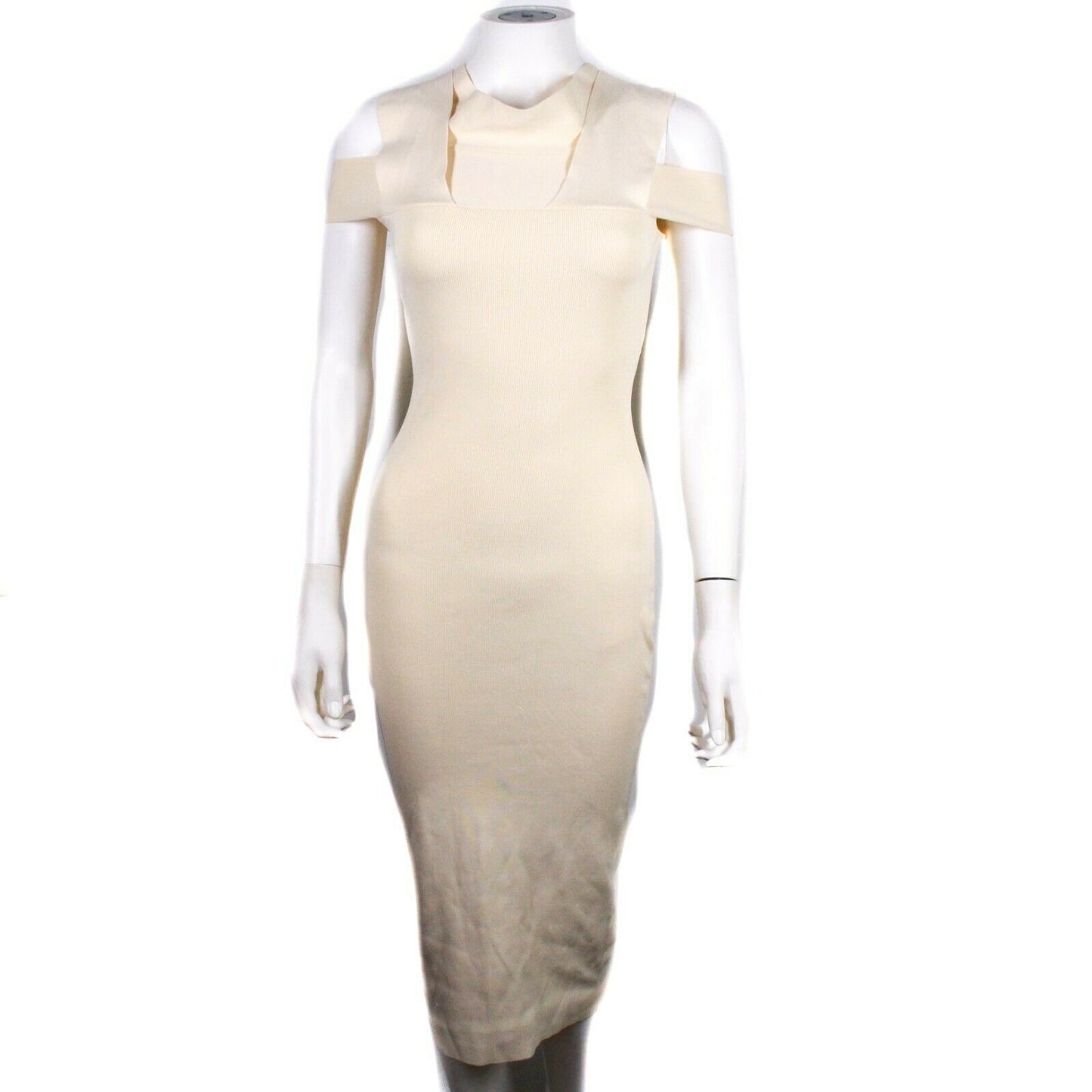 Self Portrait Bodycon Dress Ribbed Knit Open Shoulder Cream US M