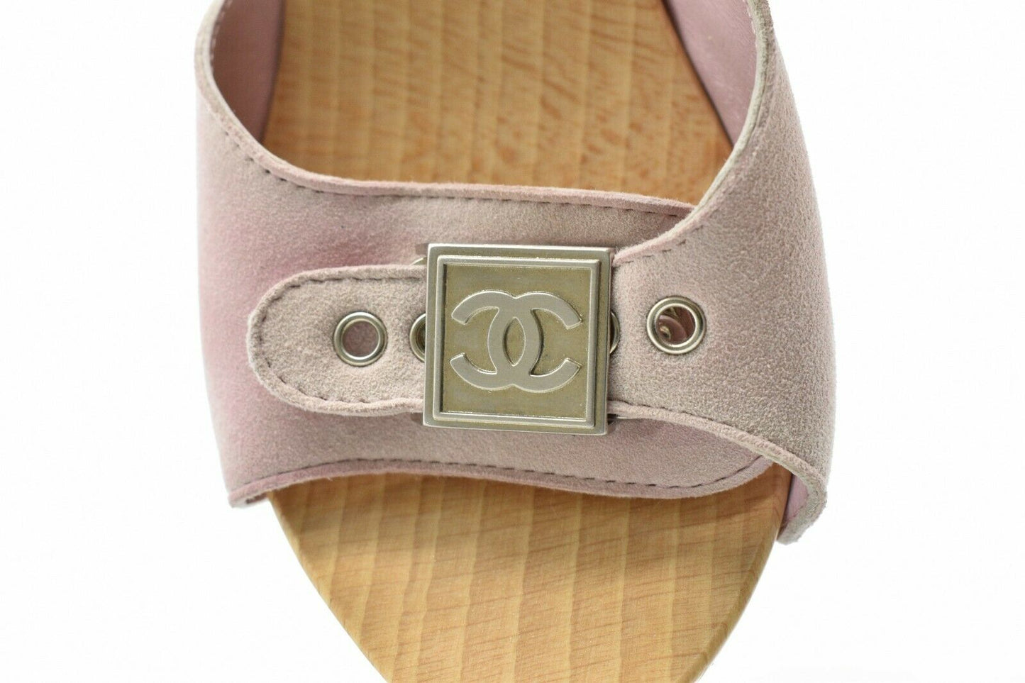 Chanel - Wood Slide Heels Sandals - Pink Suede CC Logo Buckle - 35 US 5