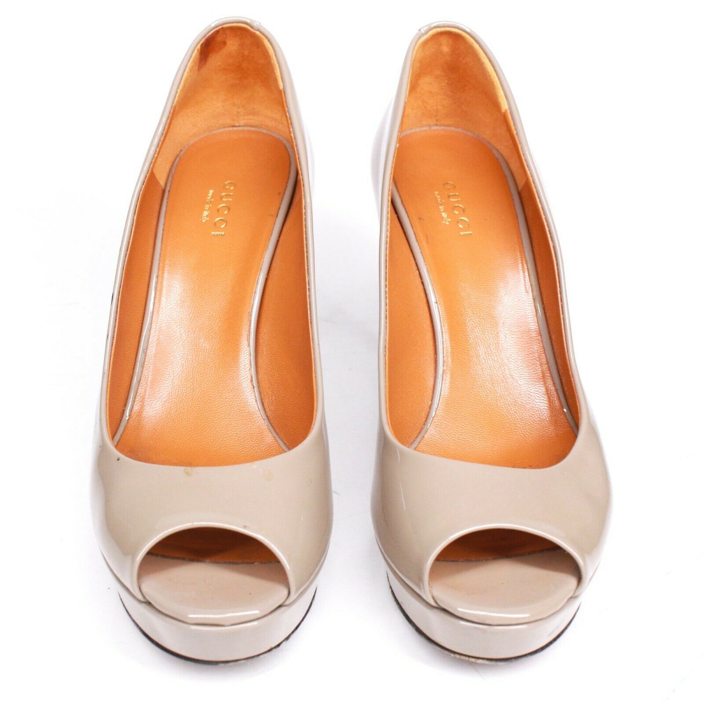 Gucci Fango Stiletto Heels Taupe Patent Leather Peep Toe Pump - 37 US 7