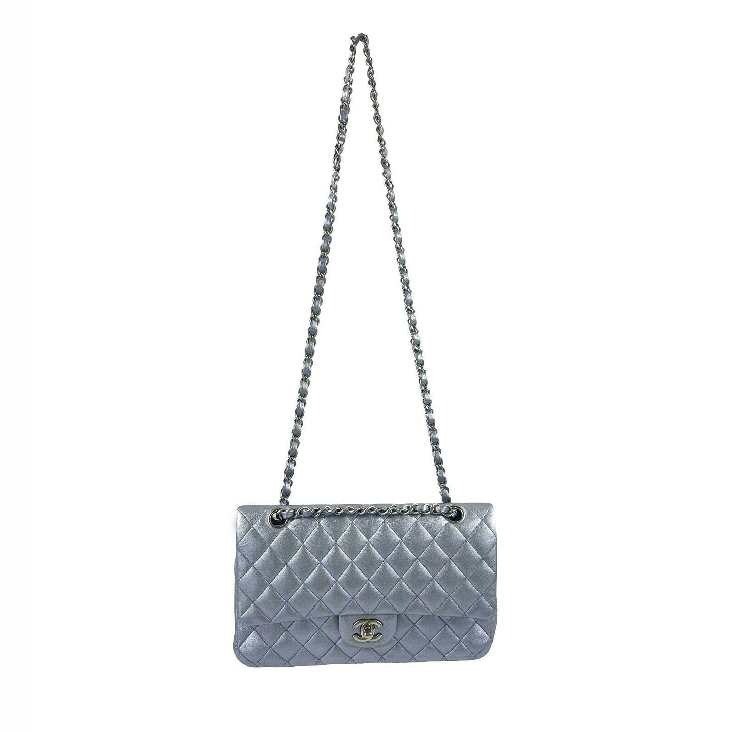 CHANEL - Classic Double Flap Metallic Silver CC Medium Leather Shoulder Bag