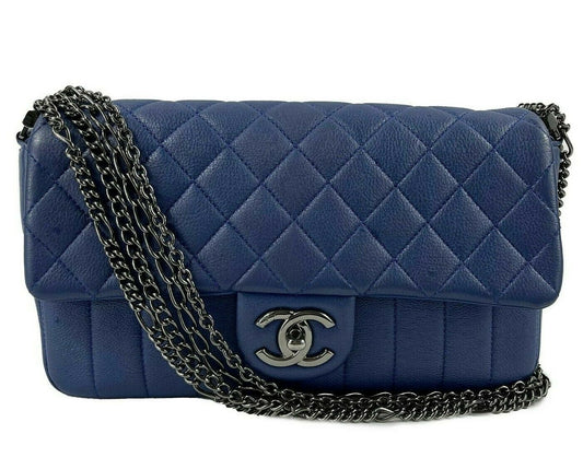 CHANEL - Quilted Leather Medium Single Flap Blue / Ruthenium Shoulder Bag