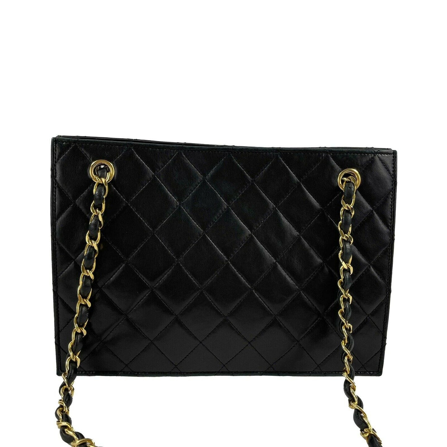 CHANEL - 80s Quilted Black / Gold Chain Threaded Small Lambskin Crossbody