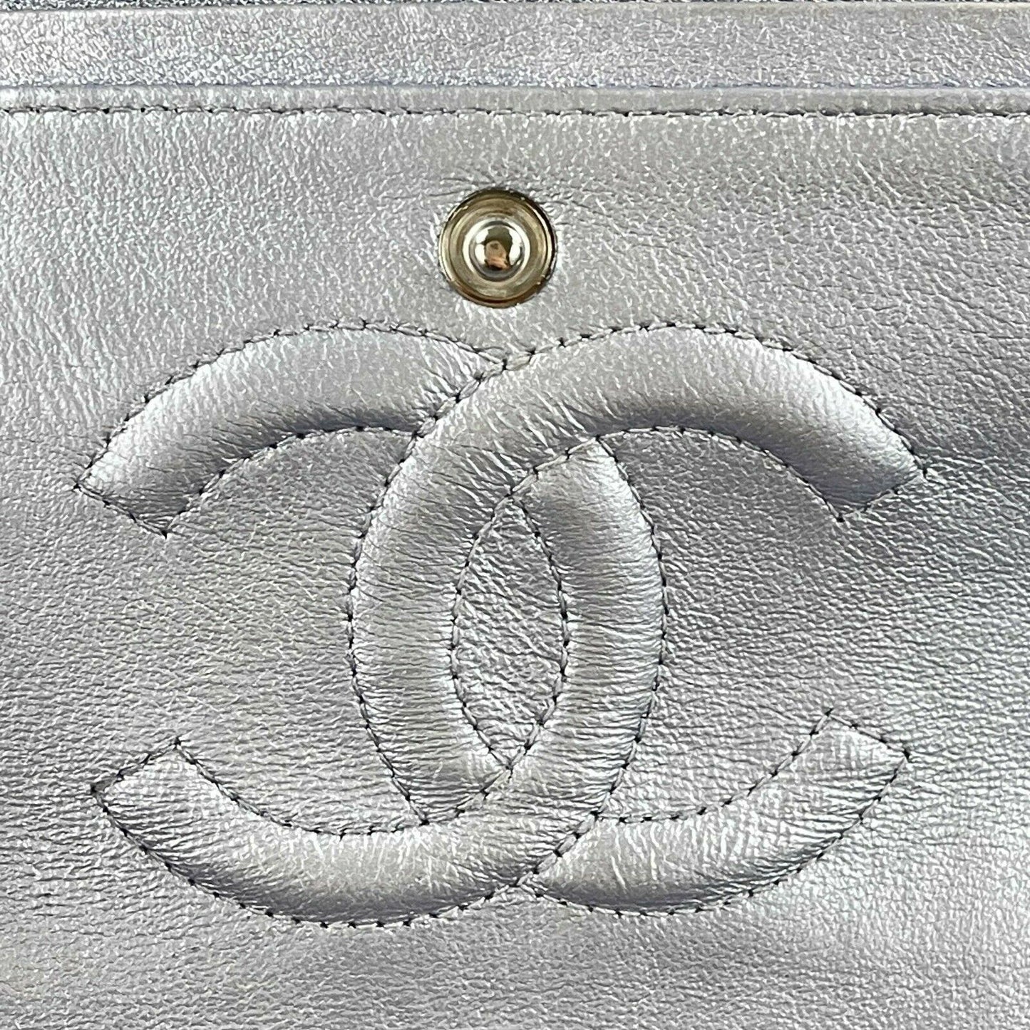 CHANEL - Classic Double Flap Metallic Silver CC Medium Leather Shoulder Bag