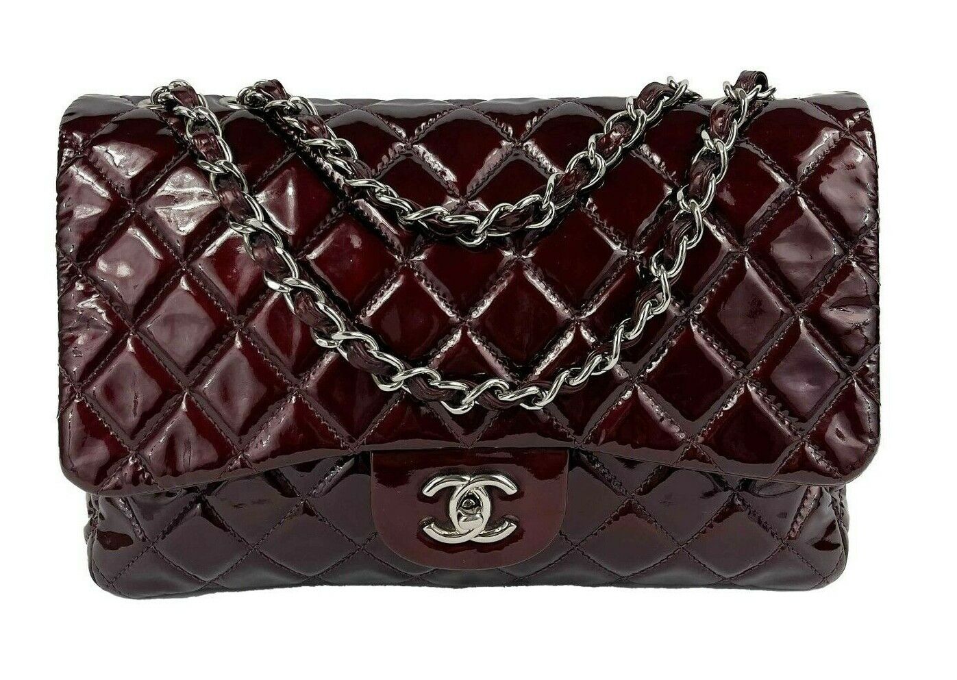 CHANEL Quilted Bordeaux / Silver Patent Leather Jumbo Single Flap Shoulder Bag