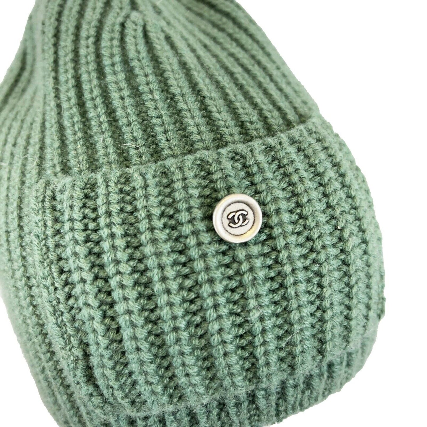 CHANEL - Cashmere Knitted Green Beanie - Patch Pocket w/ Silver CC Button - XS