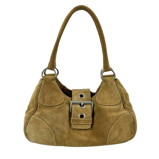 Prada - Large Camel / Silver Suede Belt Shoulder Bag / Buckle Closure