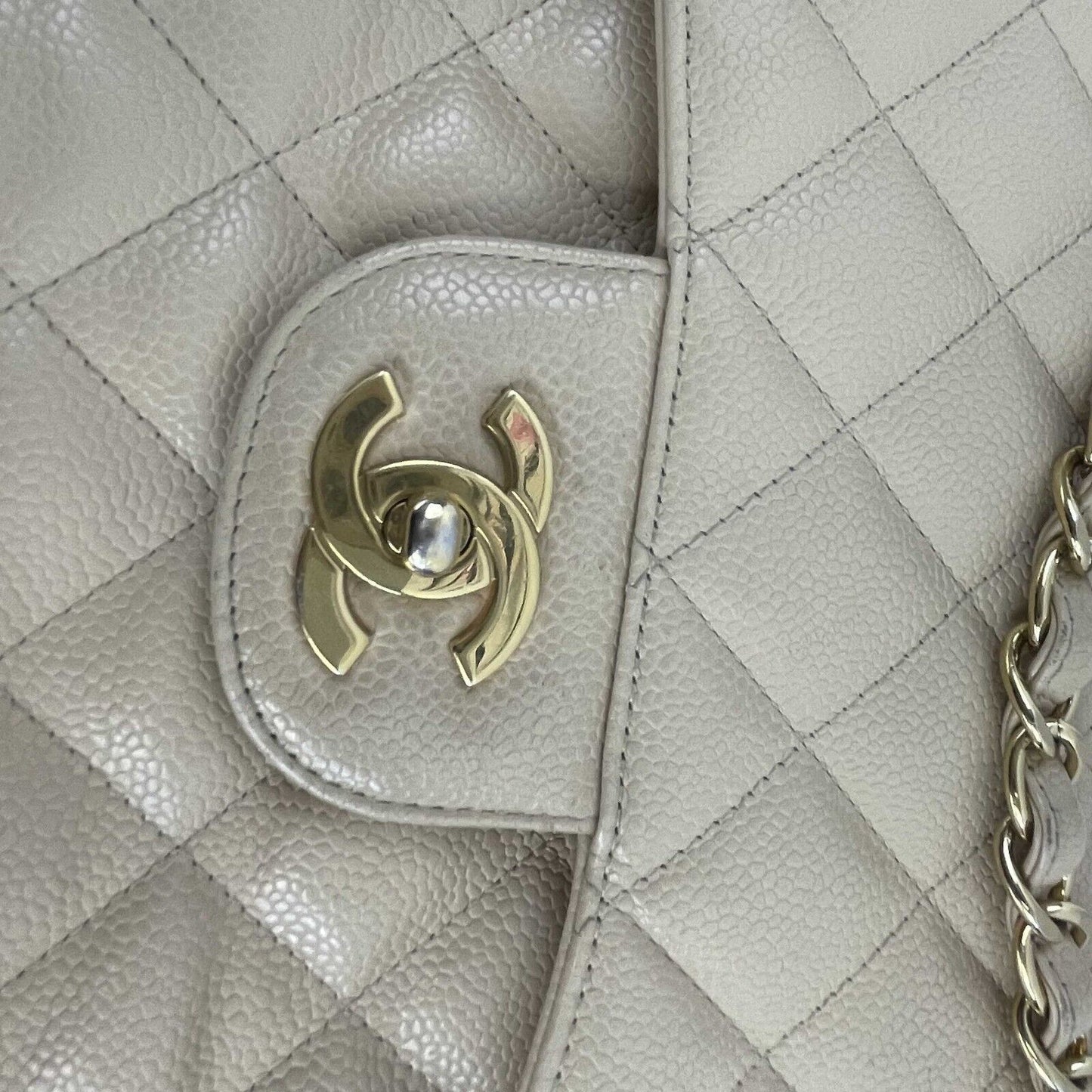 CHANEL - Large CC Caviar Leather Double Flap Tan Shoulder Bag