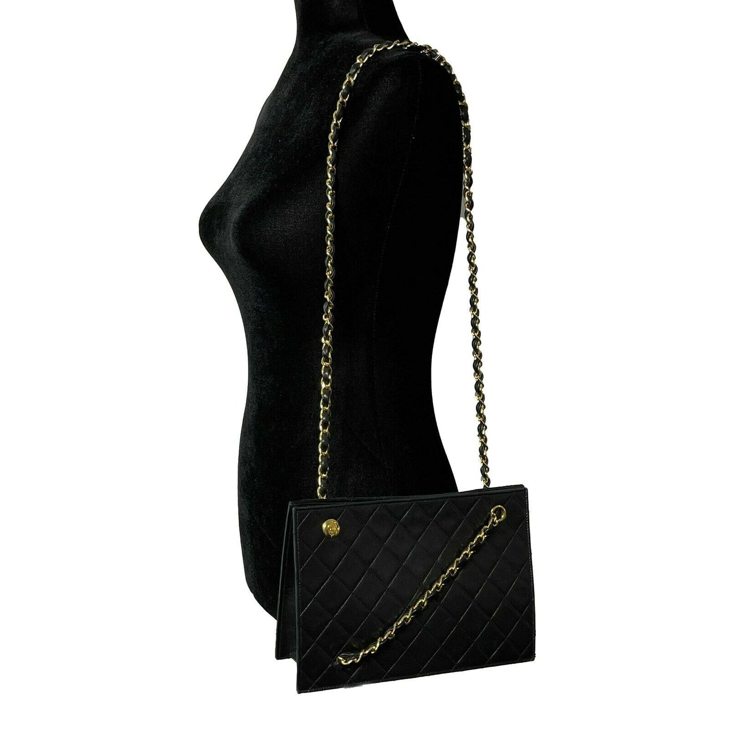 CHANEL - 80s Quilted Black / Gold Chain Threaded Small Lambskin Crossbody