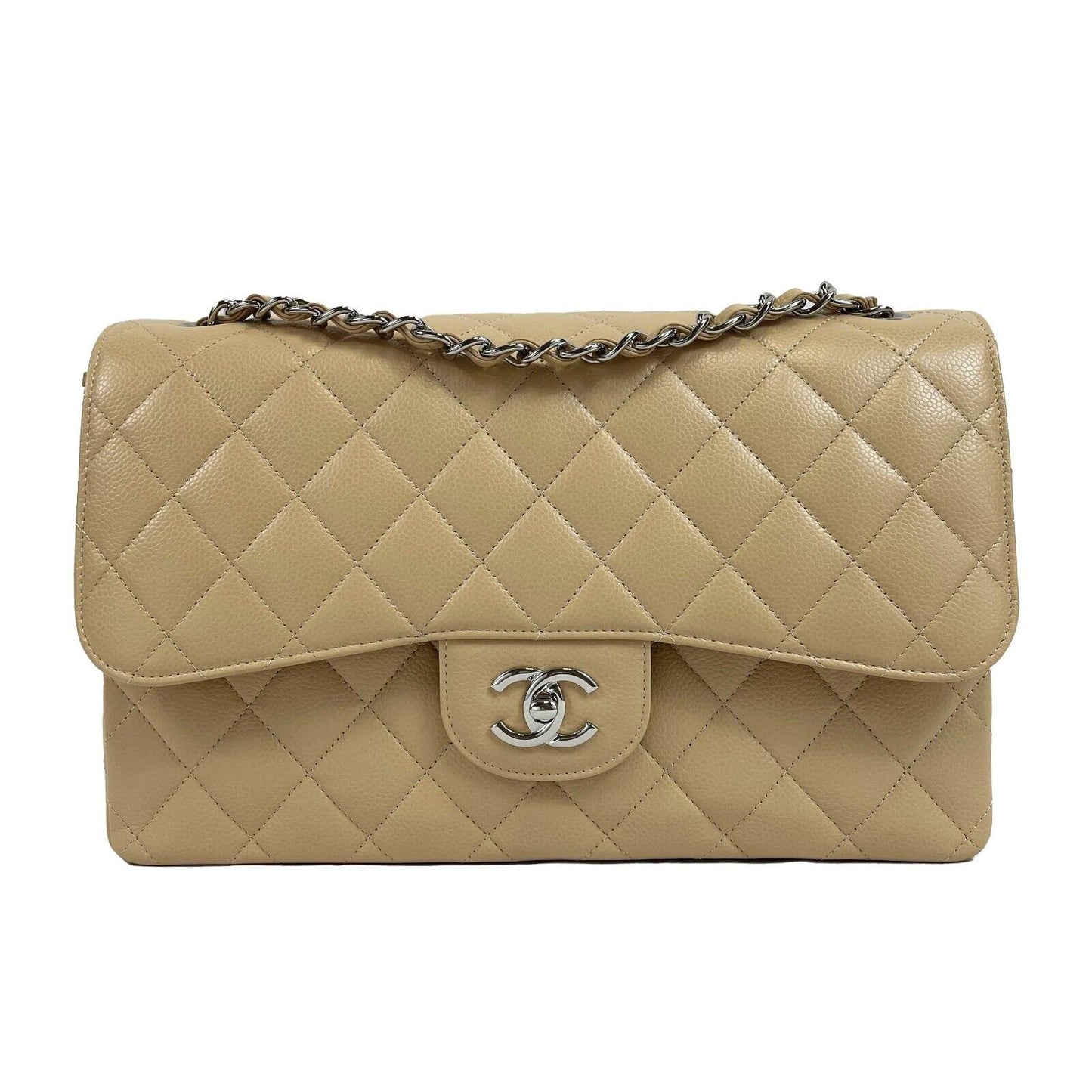 CHANEL - Large Classic Caviar Double Flap Jumbo - Beige Shoulder Bag NEW