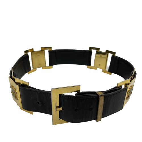 CHANEL - Vintage 1980's Black Leather and Gold Buckle CC Link Belt - 75 / 30