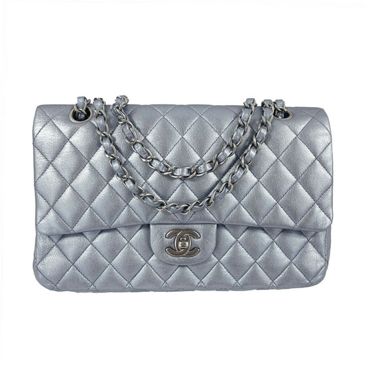 CHANEL - Classic Double Flap Metallic Silver CC Medium Leather Shoulder Bag