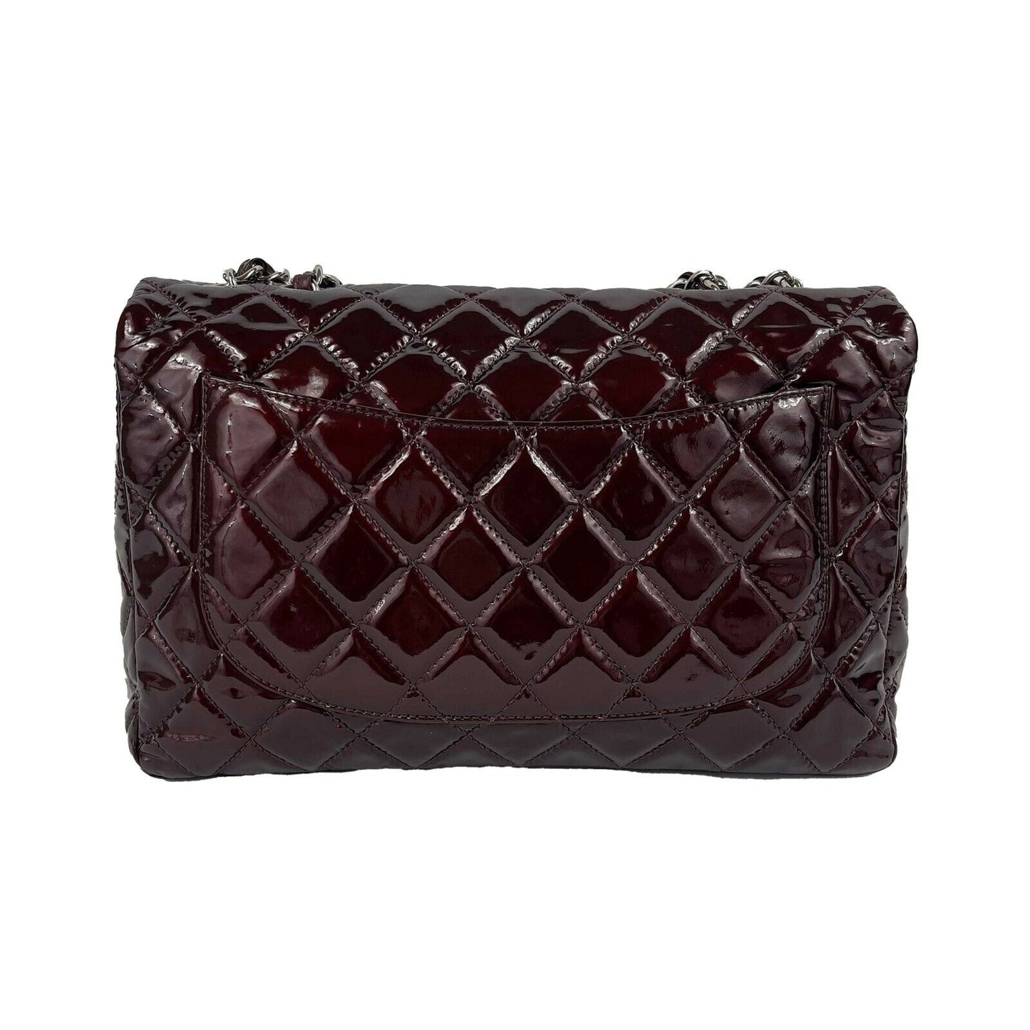 CHANEL Quilted Bordeaux / Silver Patent Leather Jumbo Single Flap Shoulder Bag