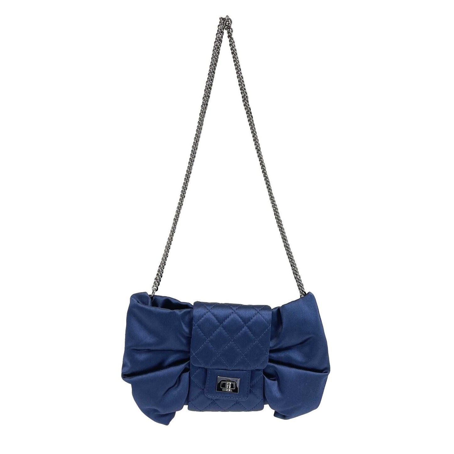 CHANEL - Satin Bow Evening Bag - Navy / Rhodium Clutch / Shoulder Bag