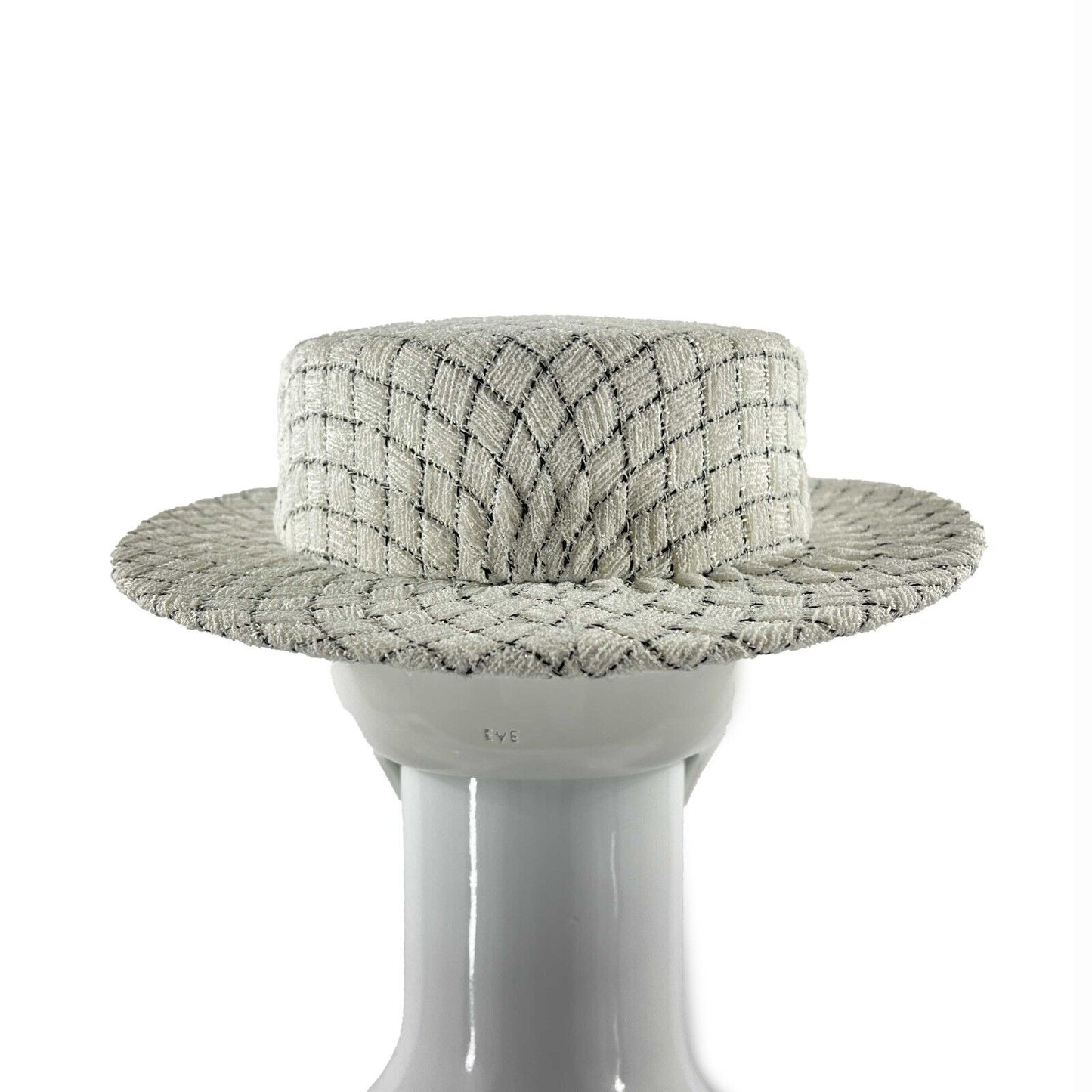 CHANEL - Quilted Fantasy Tweed CC Boater Hat - Black, White