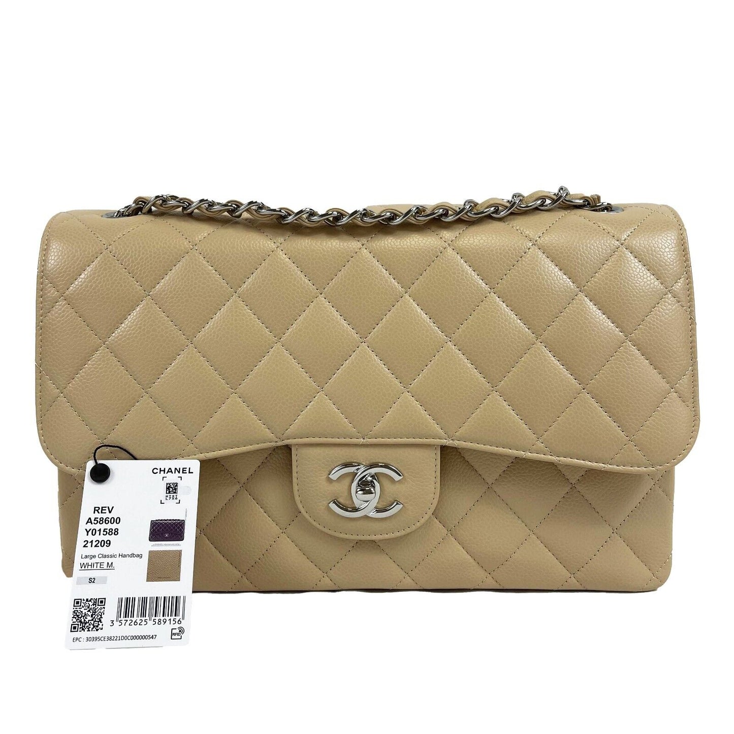 CHANEL - Large Classic Caviar Double Flap Jumbo - Beige Shoulder Bag NEW