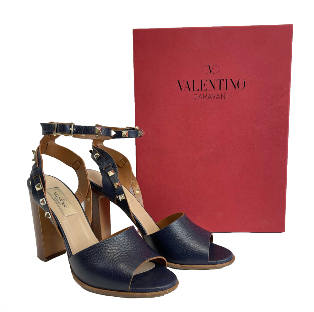 Valentino Garavani - Rockstud Leather Ankle-Strap Sandals - Navy Blue - 39 US 9