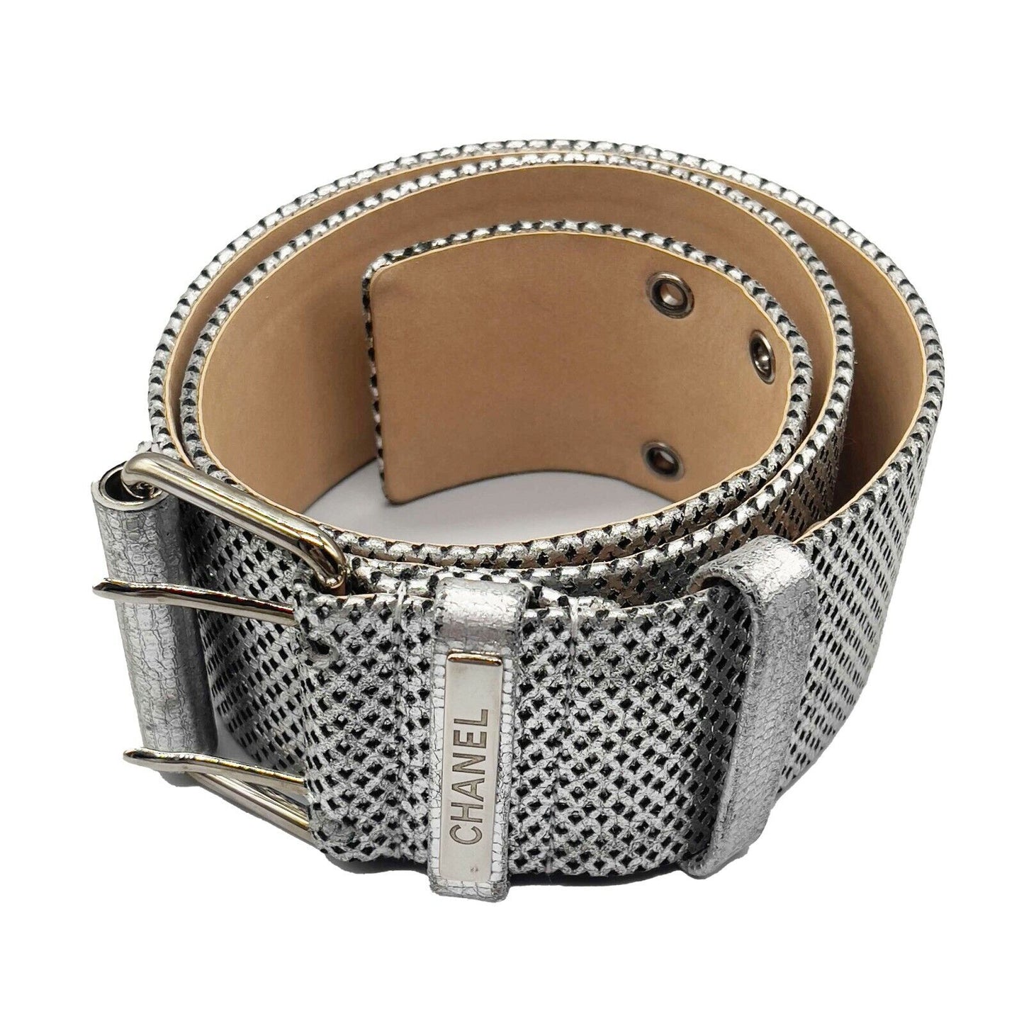 CHANEL - 08P Belt - Metallic Silver Diamond Perforated Logo Stamped - 80/32