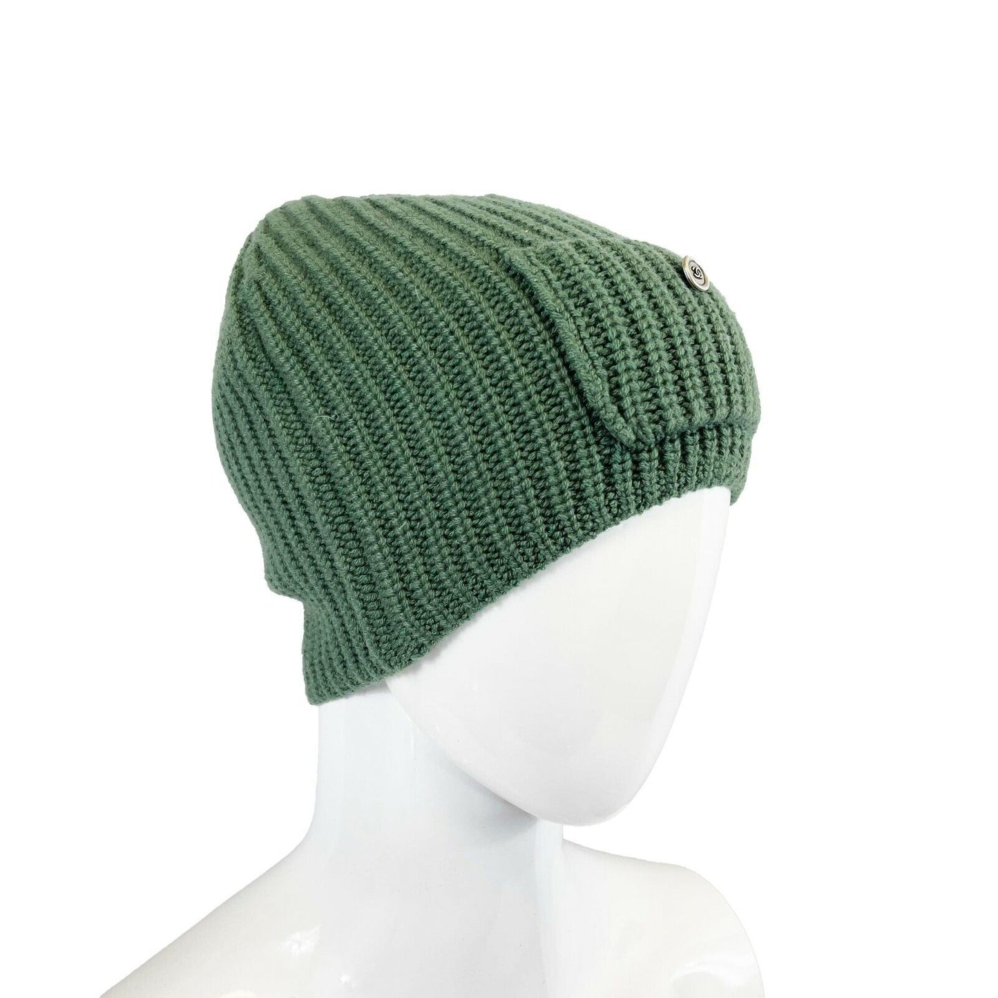 CHANEL - Cashmere Knitted Green Beanie - Patch Pocket w/ Silver CC Button - XS