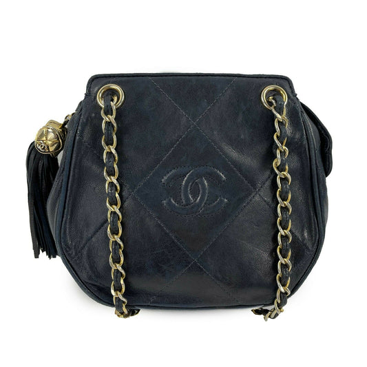 CHANEL-Vintage 80s 90s Navy CC Tassel Mini Diamond Quilted Leather Crossbody