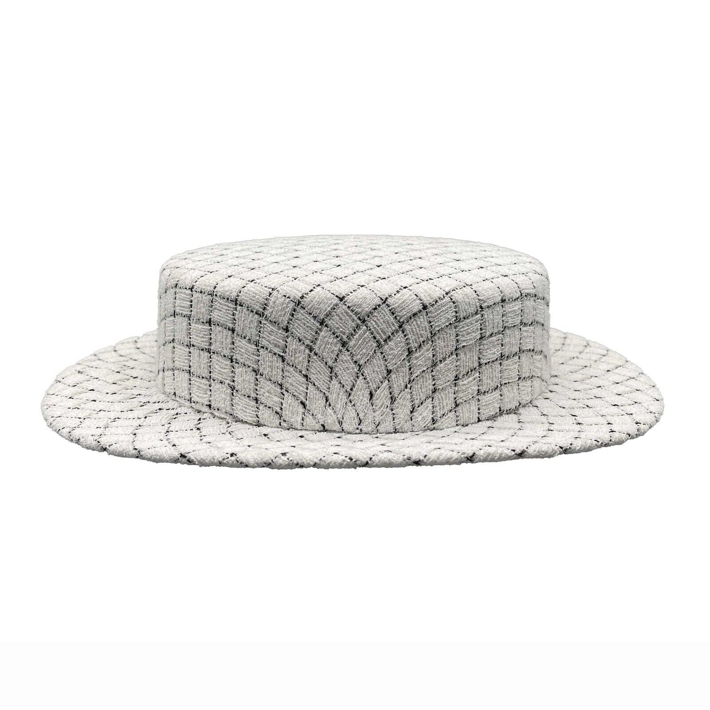 CHANEL - Quilted Fantasy Tweed CC Boater Hat - Black, White